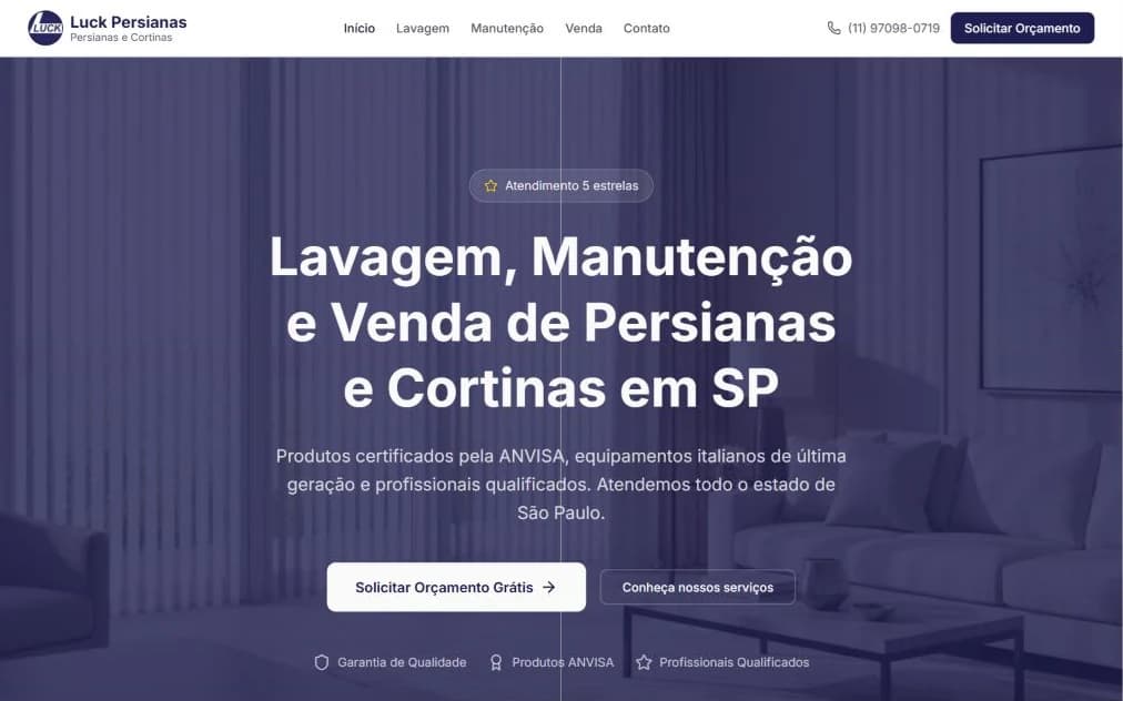 Página inicial do site Luck Persianas